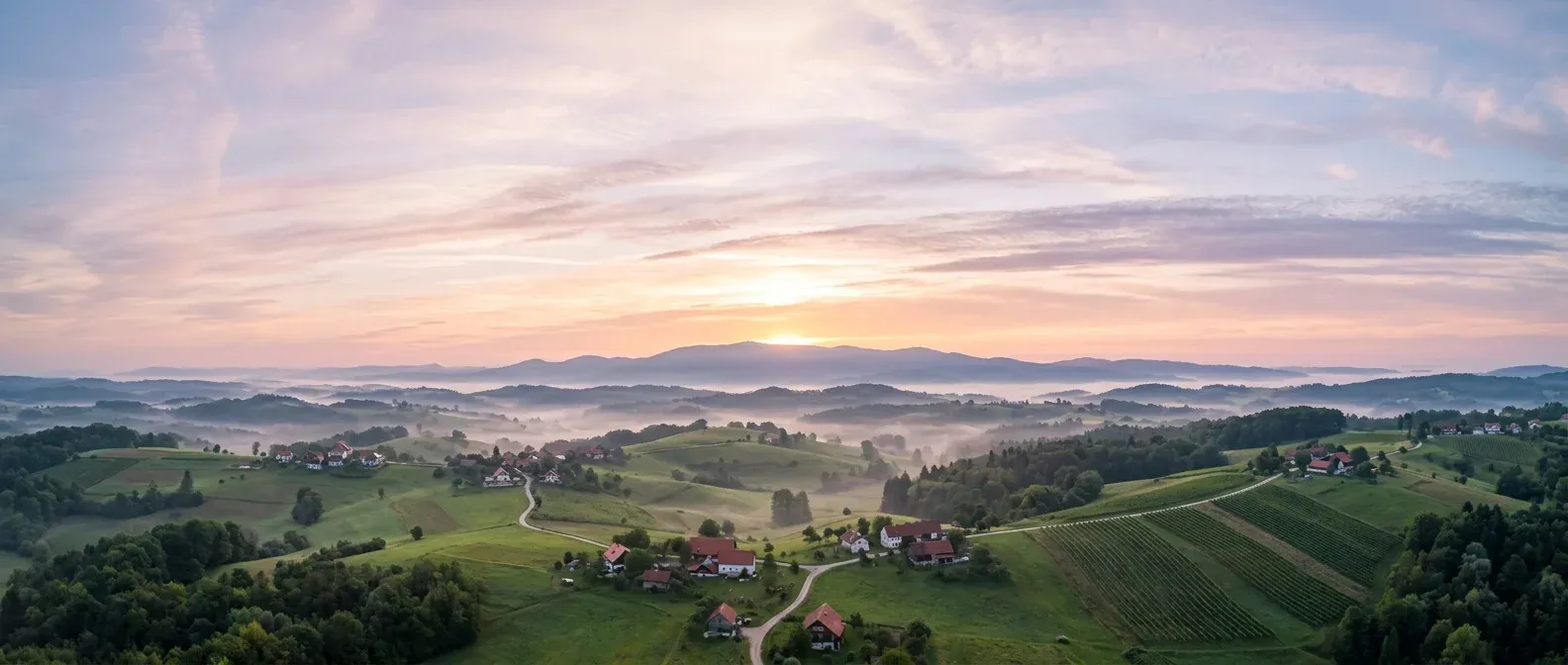 Jutarnji pogled na brežuljkasti krajolik oko Jastrebarskog