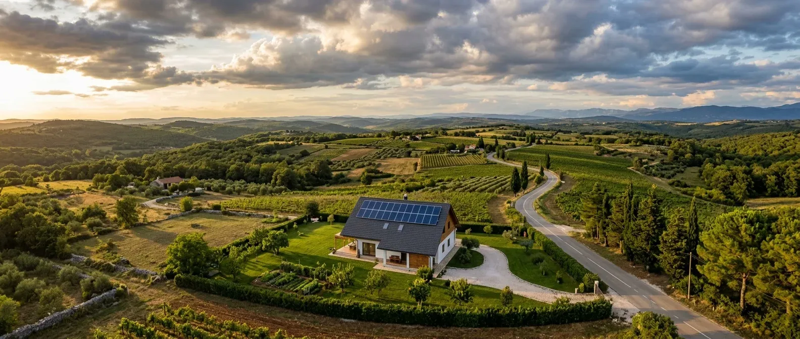 Obiteljska kuća sa solarnom elektranom okružena vinogradima